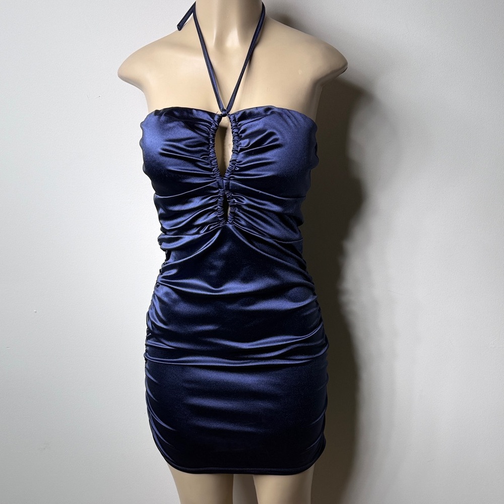 Speechless Navy Satin Strapless Ruched Halter Mini Dress